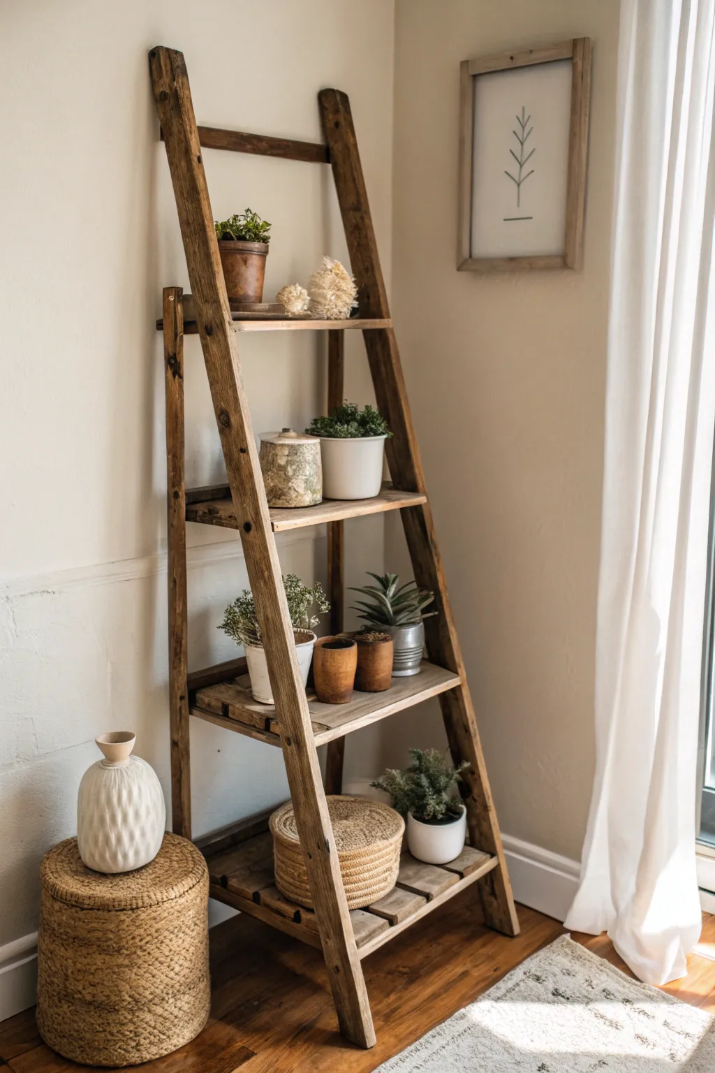 Elevate your space with a charming ladder shelf that blends rustic charm with minimalist elegance.
