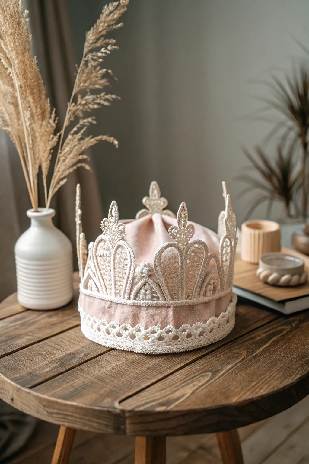 Elevate your table decor with a fabric-covered crown centerpiece, adorned with delicate lace for a touch of elegance.