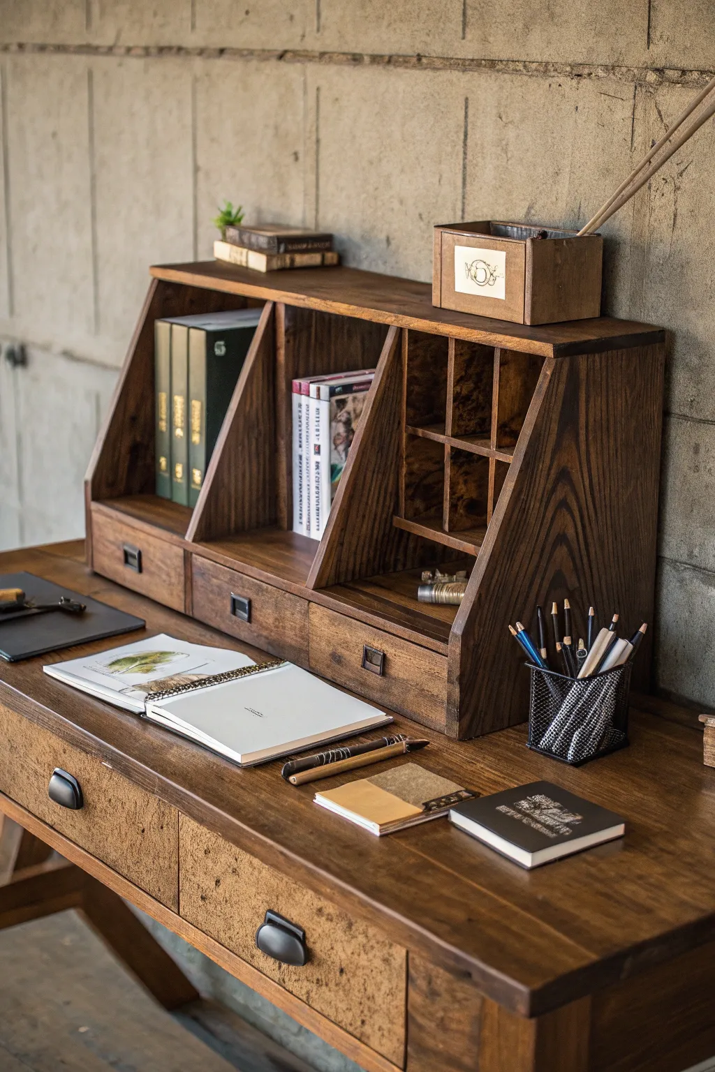 Elevate your workspace with this handcrafted DIY magazine holder hutch—where style meets functionality.