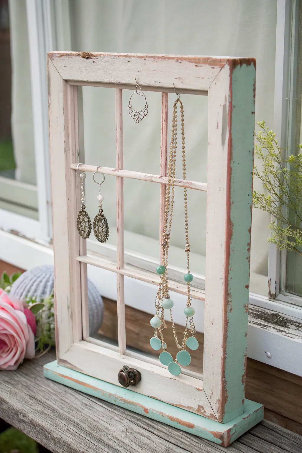 Transform vintage charm into a stunning display with repurposed window frames. Perfect for showcasing handmade crafts with elegance and style.