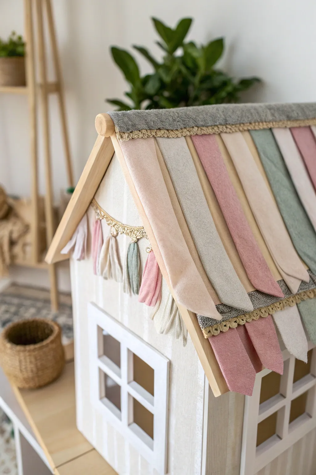 Elevate your dollhouse with cozy fabric roof accents, blending minimalist elegance with a touch of boho charm.