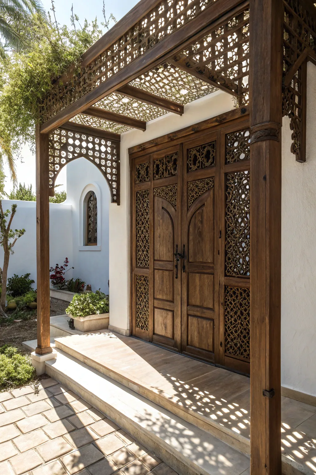 Elevate your entrance with a handcrafted pergola overhang, where artistry meets functionality.