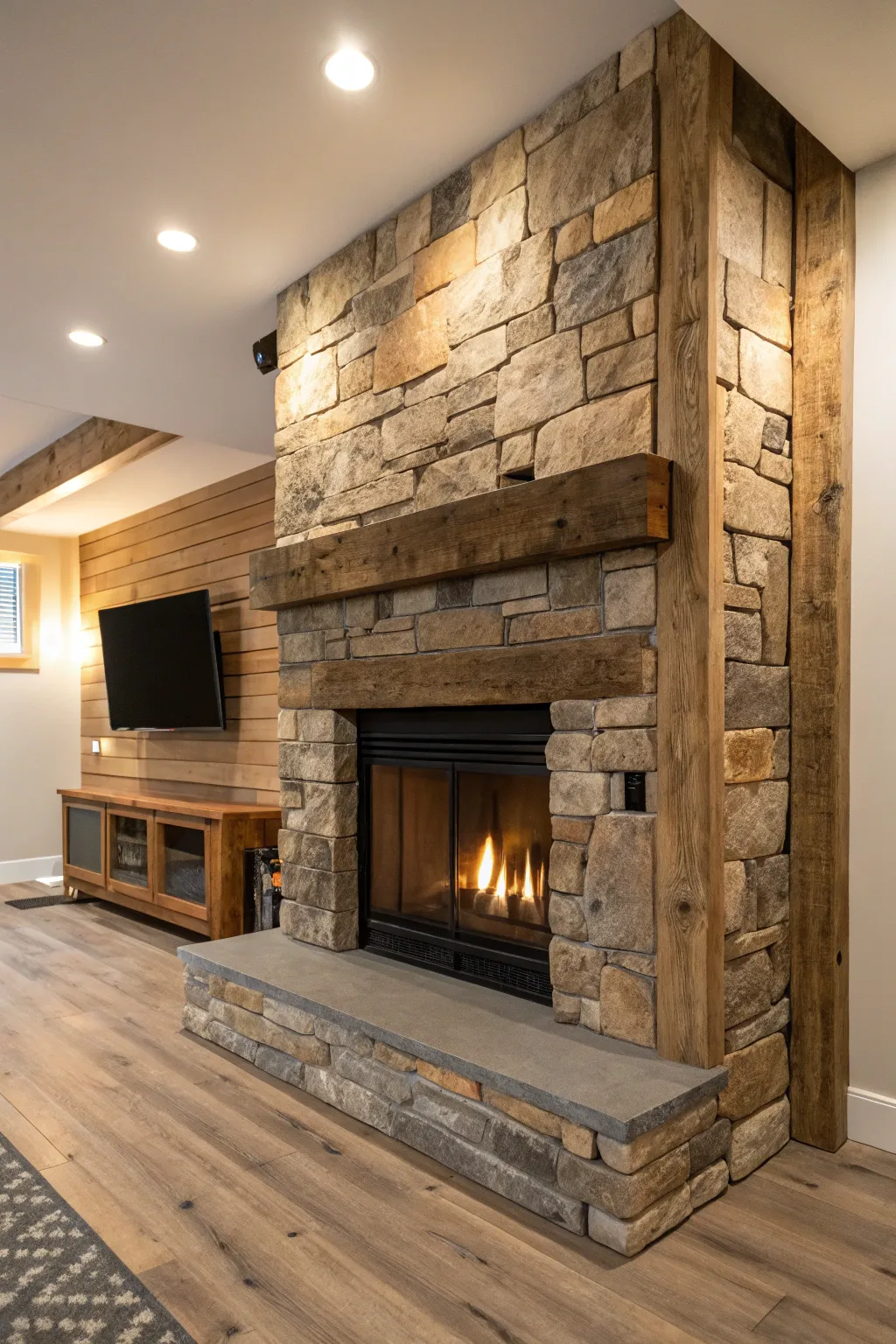 Embrace the unexpected with this eye-catching asymmetrical fireplace design.