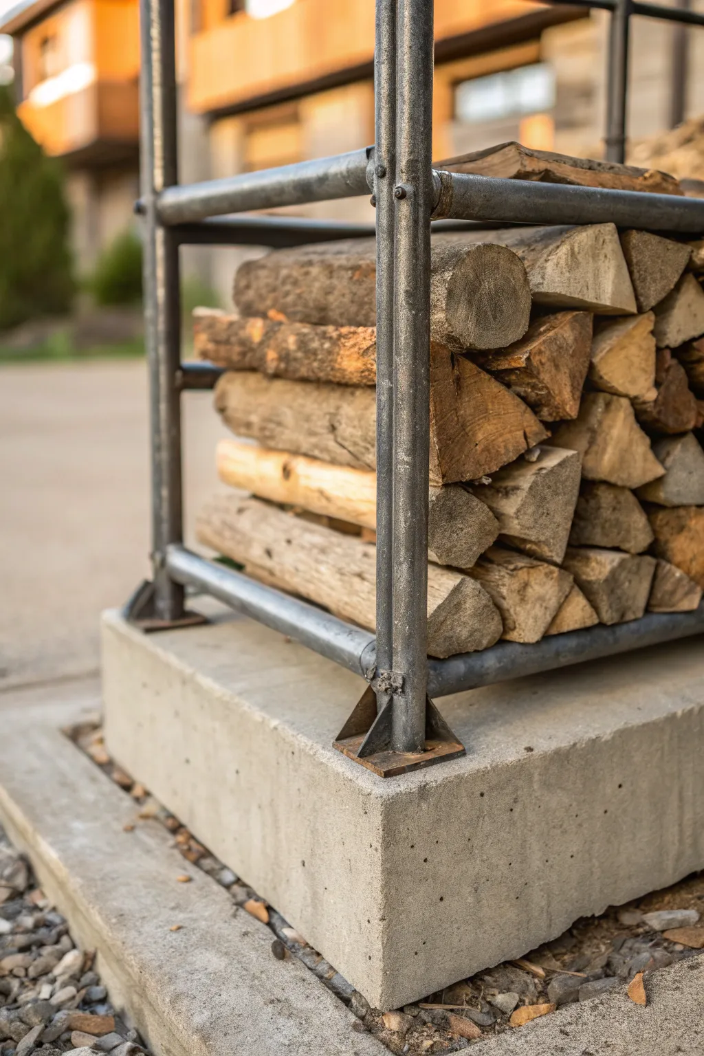 Elevate your firewood storage with this rugged pipe and concrete rack — a testament to craftsmanship and durability.