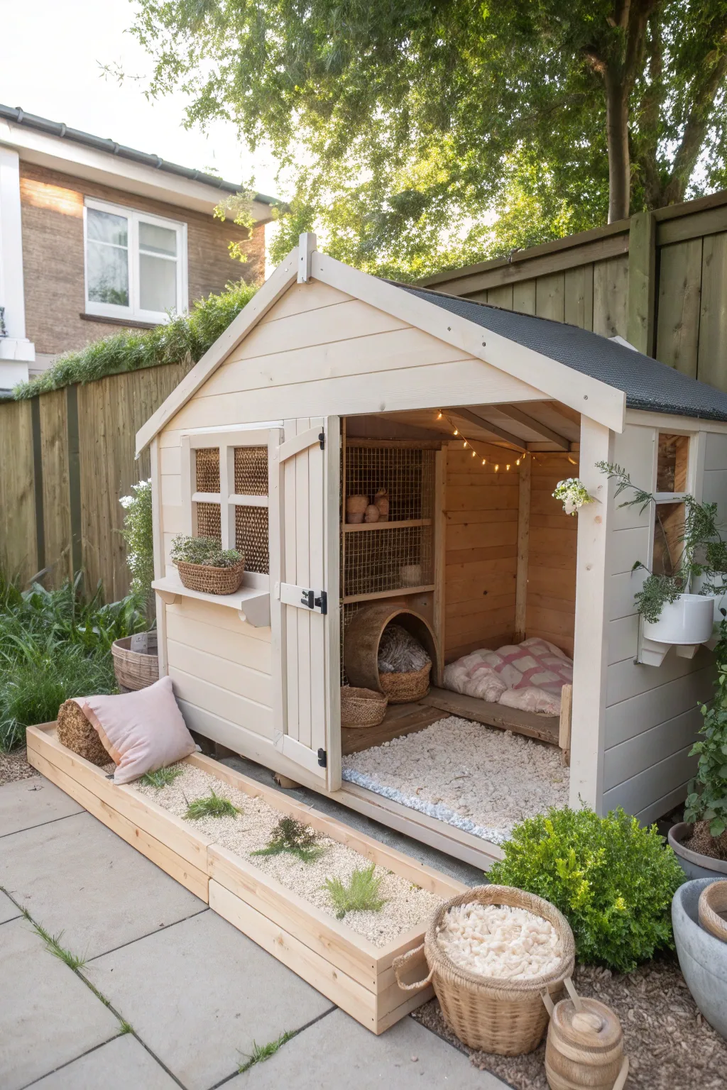 Transform your garden shed into a charming guinea pig haven, blending Scandinavian minimalism with Boho warmth.
