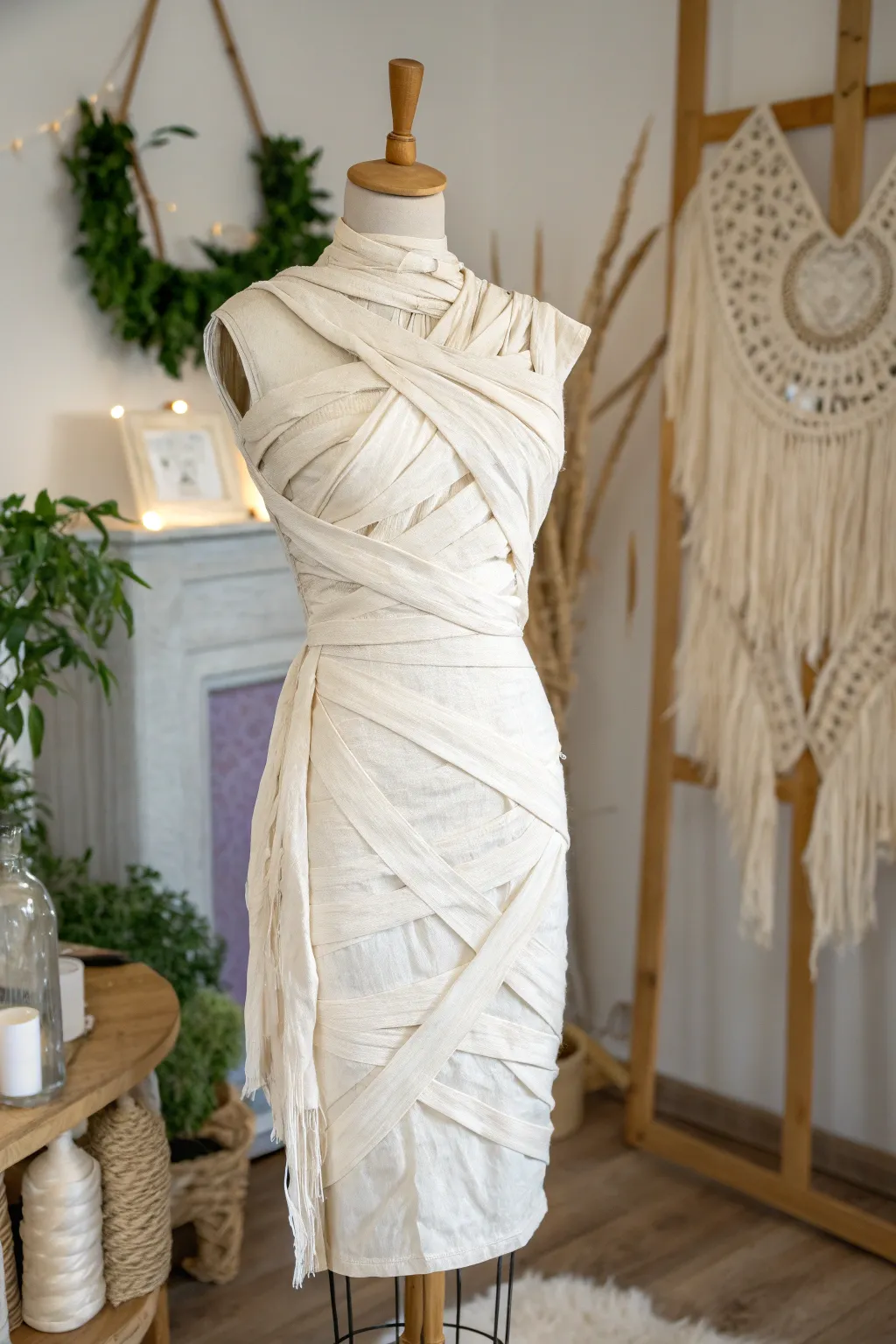 Unravel the charm of ancient mystery with this DIY mummy costume, blending bohemian flair with minimalist elegance.