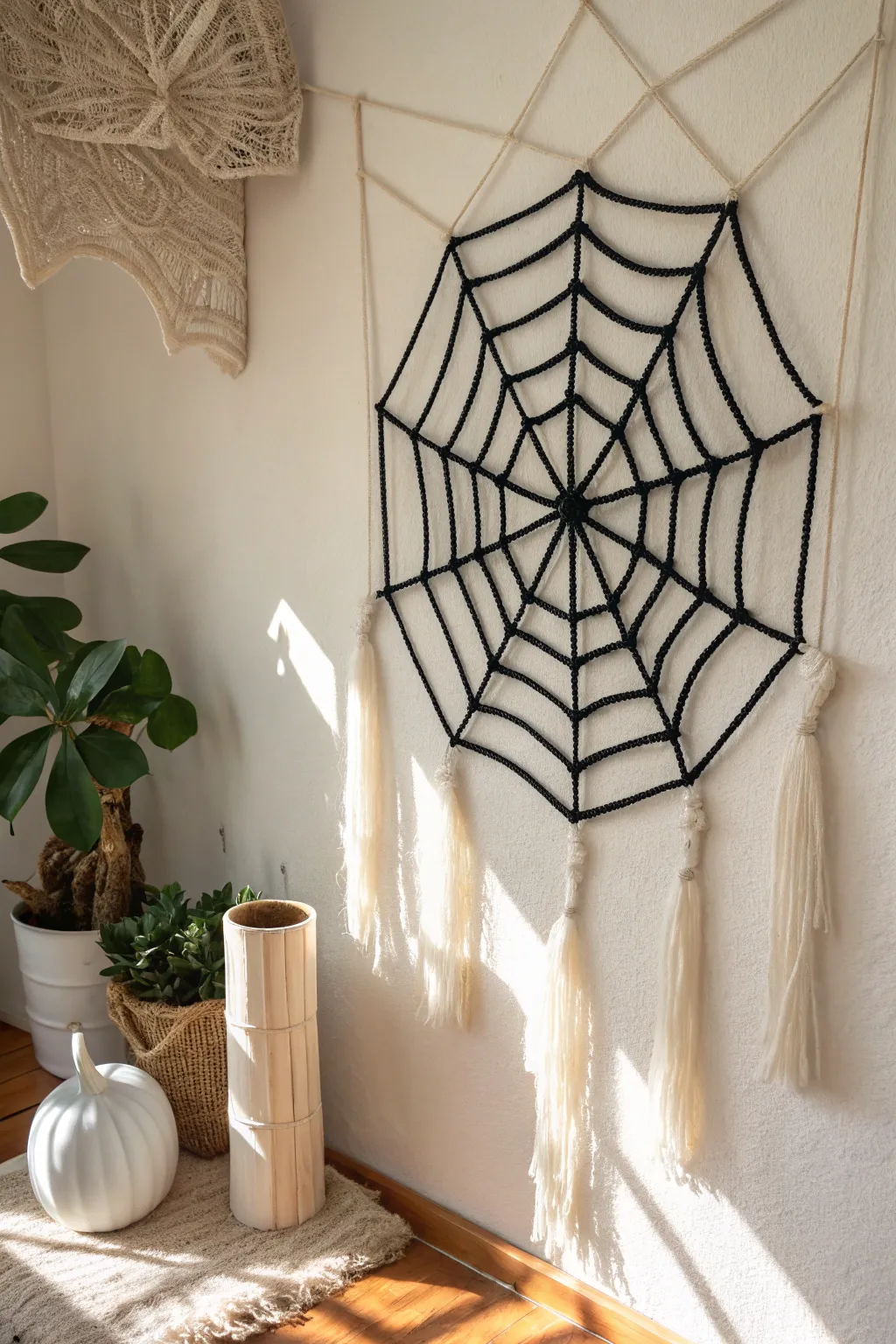 Embrace spooky elegance with this DIY spiderweb wall art—where minimalism meets Halloween charm.