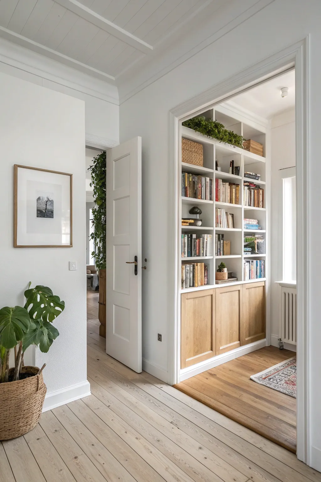 Discover the elegance of hidden storage with this DIY bookcase door, perfect for blending style and functionality in your minimalist hallway.