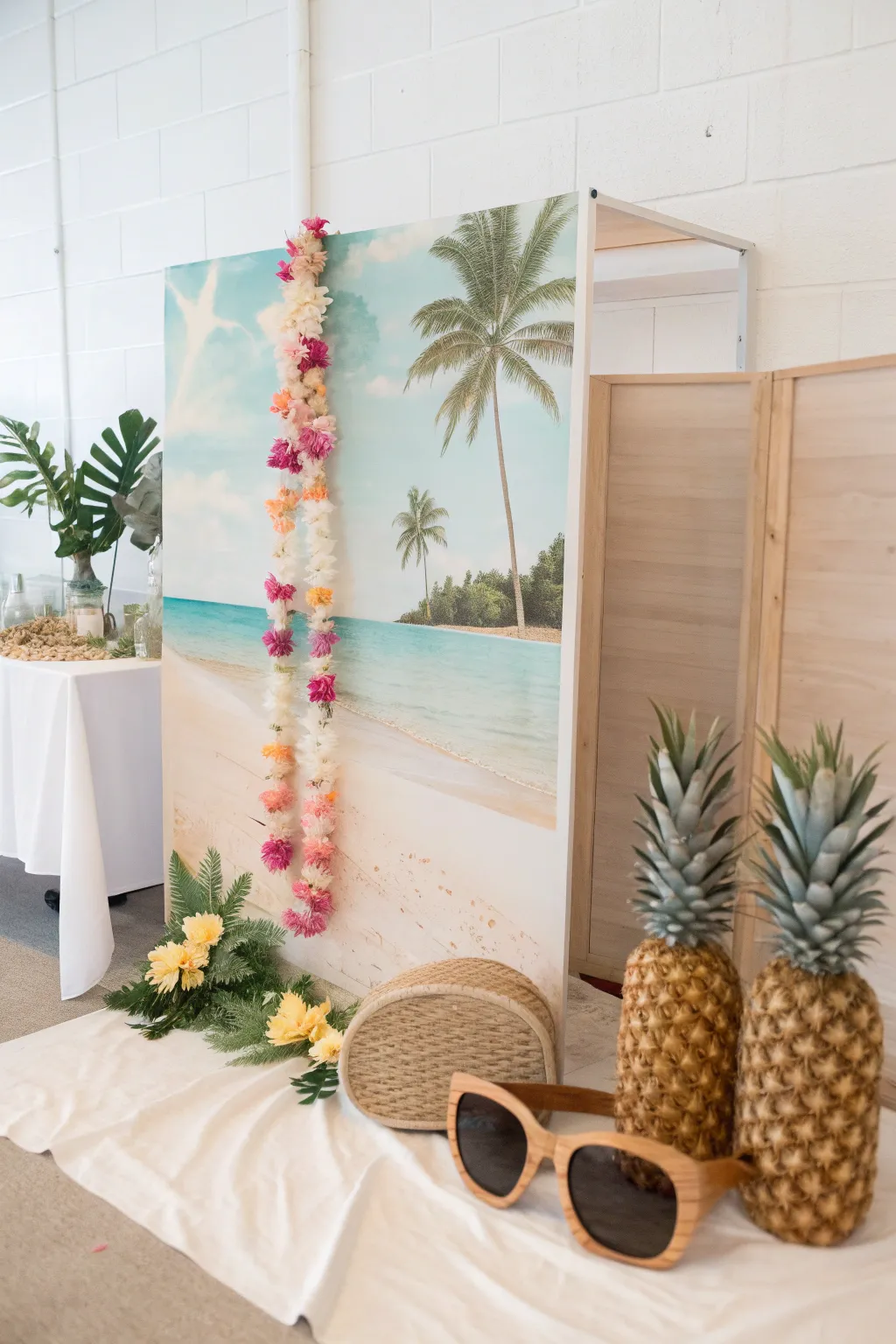 Capture the aloha spirit with this chic and simple Hawaiian beach photo booth setup, perfect for creating lasting memories!