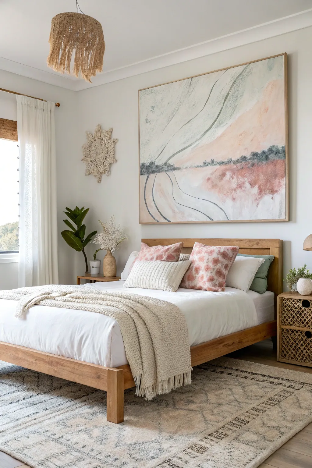 Transform your bedroom with a chic art headboard for a stunning focal point that blends Scandinavian minimalism with Boho charm.