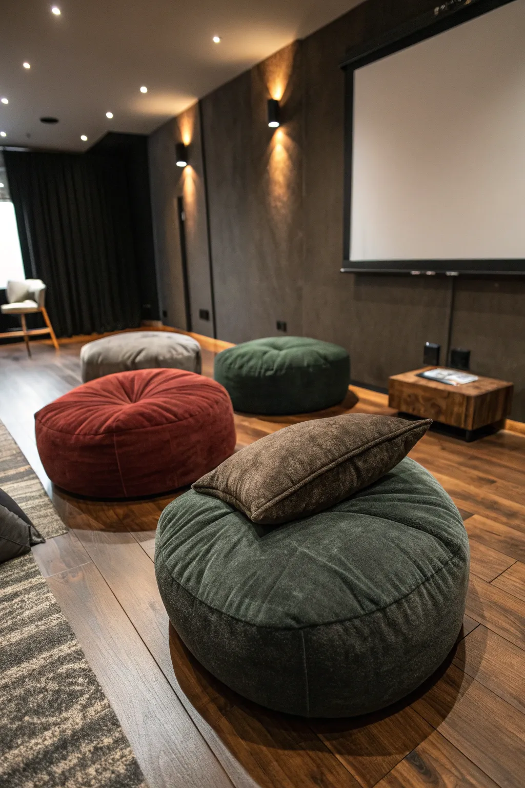 Transform your home theater with handcrafted comfort: floor cushions and beanbags for a stylish, laid-back vibe.