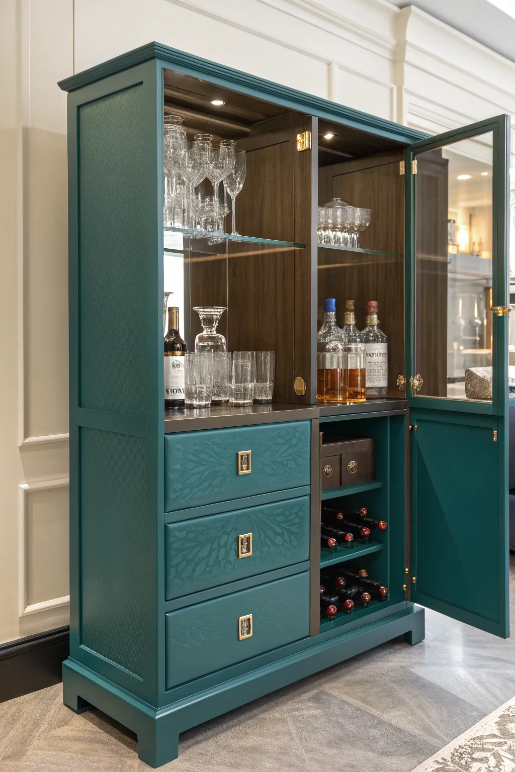 Add a splash of teal to your DIY liquor cabinet for a touch of personal flair.
