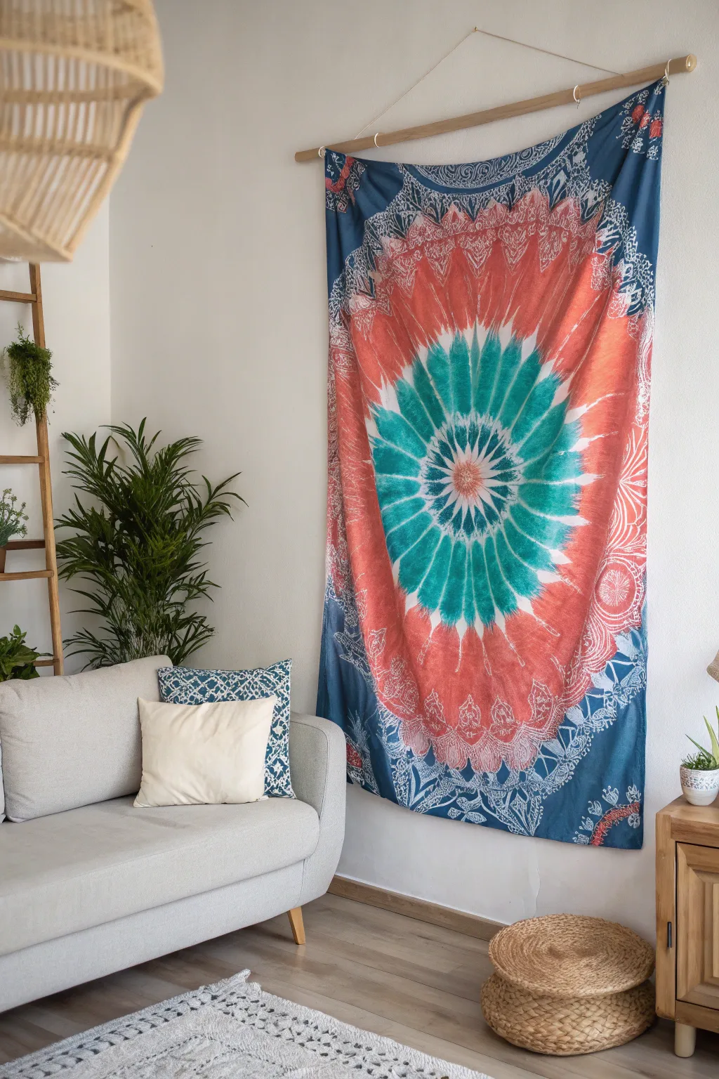 Elevate your living space with a splash of color and creativity – discover the charm of a handcrafted tie-dye tapestry.
