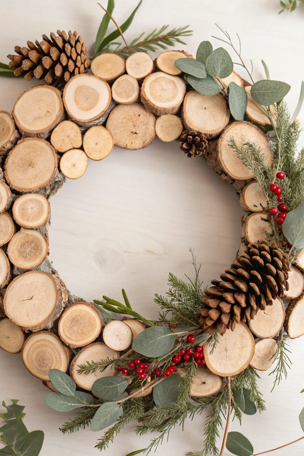 Embrace natural beauty with this handcrafted log wreath, a minimalist masterpiece for your holiday decor.