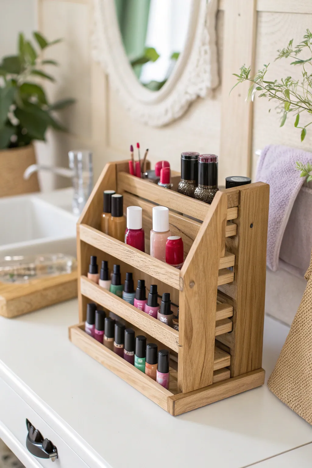 Transform your vanity with a touch of Scandinavian simplicity and boho flair: Repurpose a spice rack into the perfect makeup organizer!