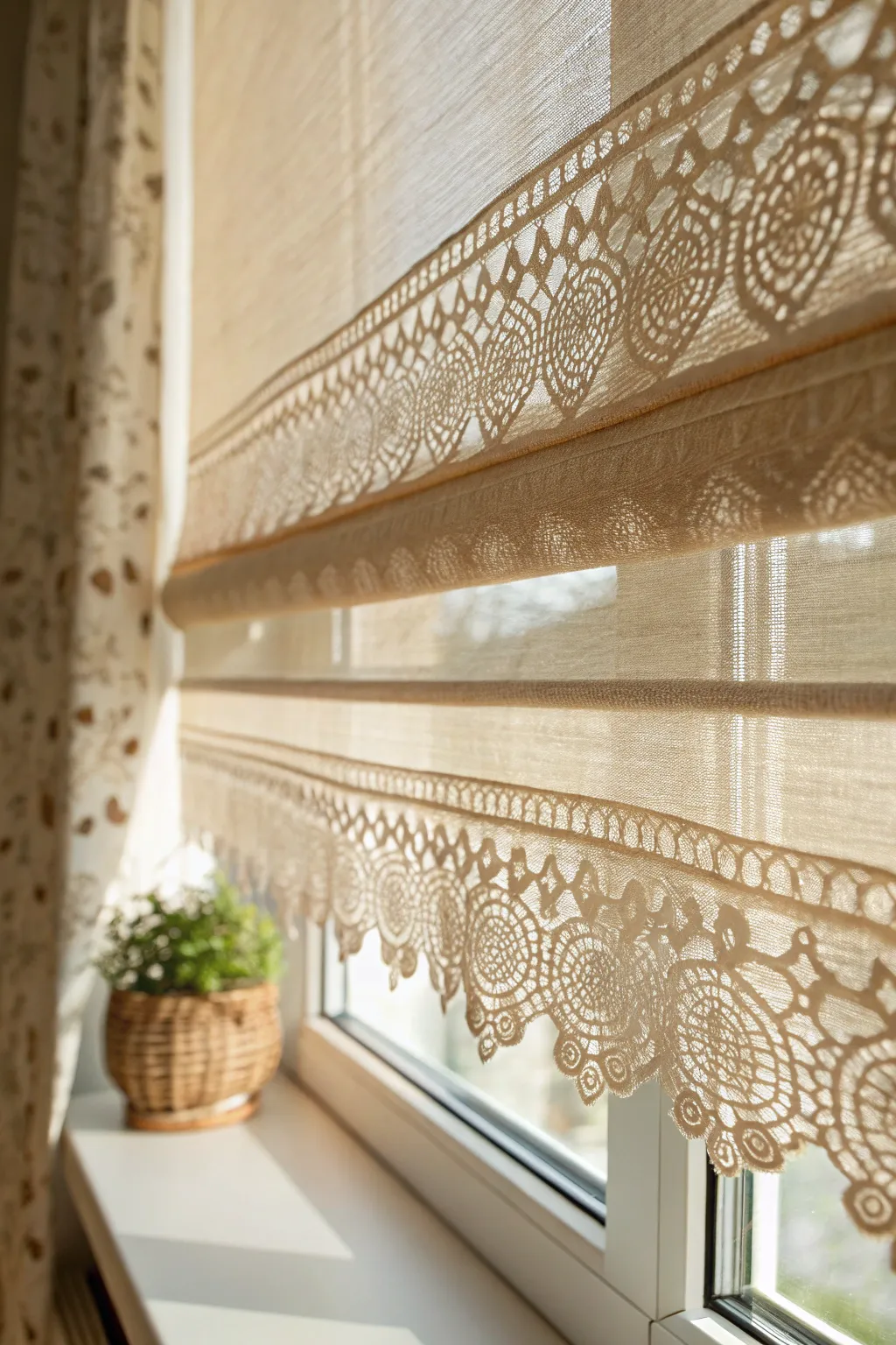 Elevate your space with the art of layered mini blinds, where lace meets linen for timeless elegance.