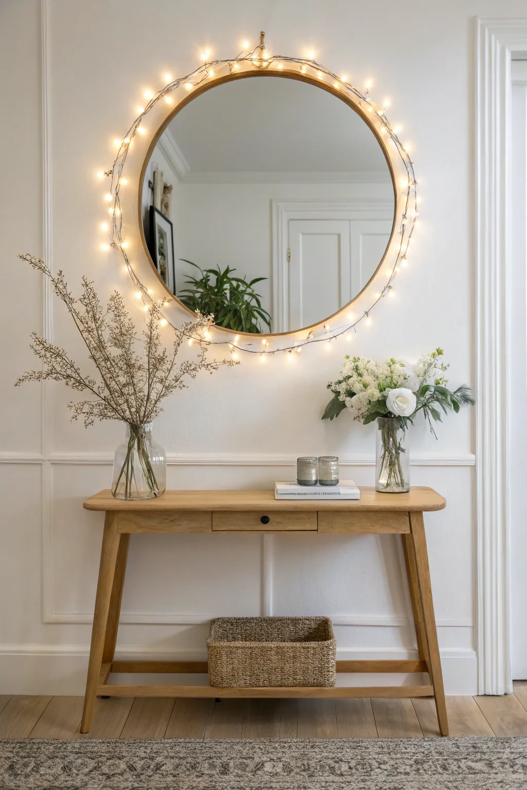Illuminate your space with a touch of magic—twinkle lights transform your mirror into a cozy, inviting centerpiece.
