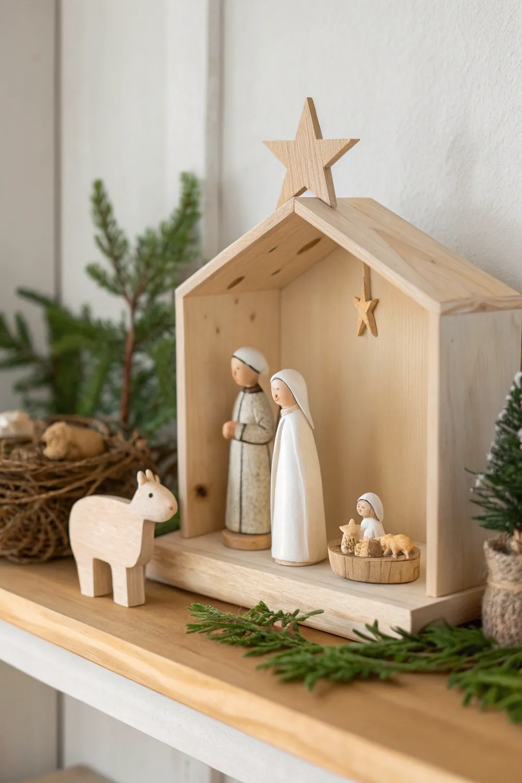 Create a serene and stylish nativity scene on your bookshelf with a touch of Scandinavian minimalism and Boho charm.