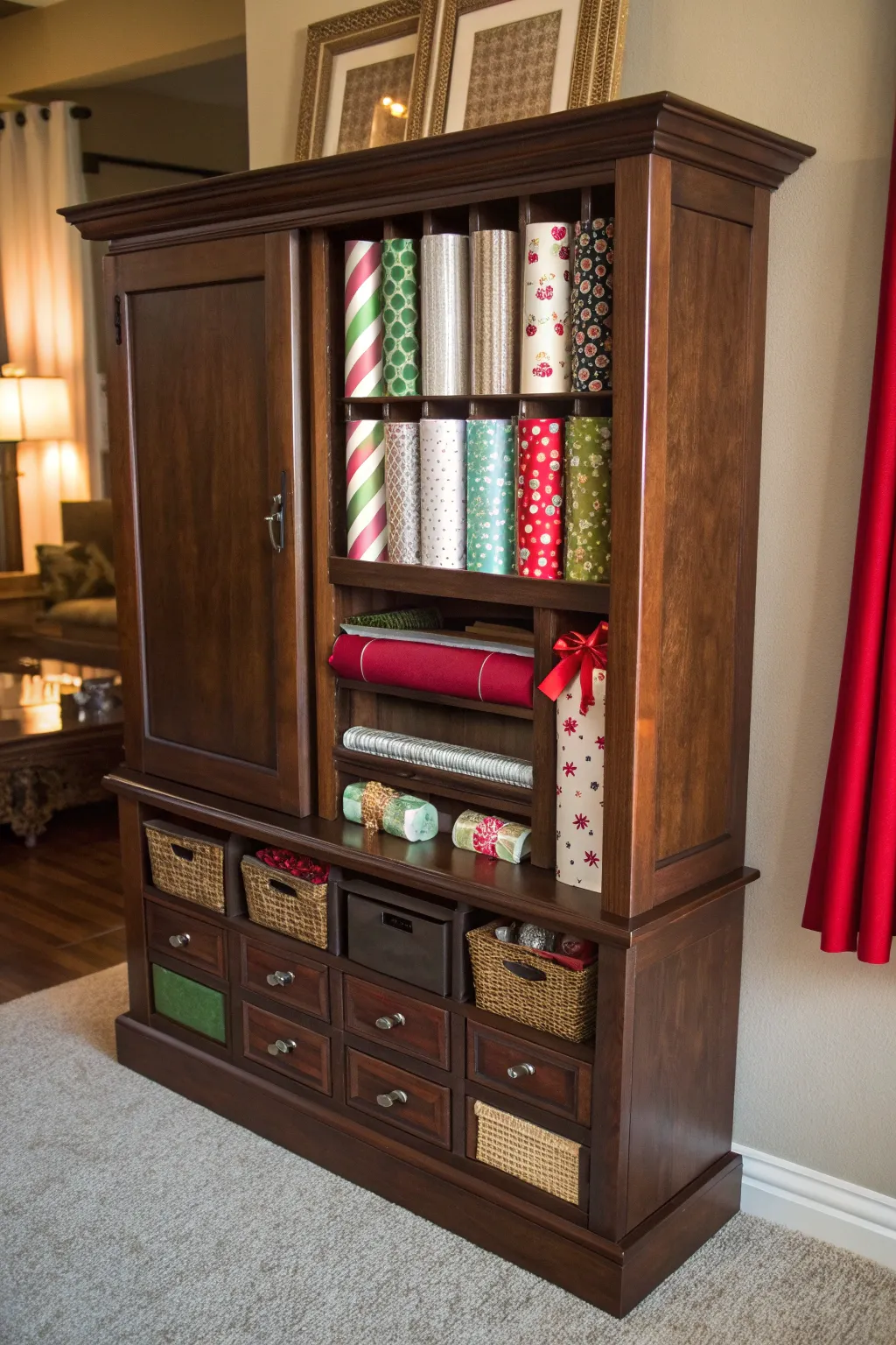 Transform your old entertainment center into a stunning gift wrap station that combines functionality with timeless craftsmanship.