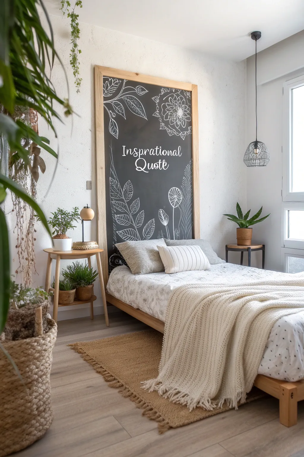 Unleash your creativity with a chic chalkboard wall in your bedroom. A touch of Scandinavian-Boho elegance!