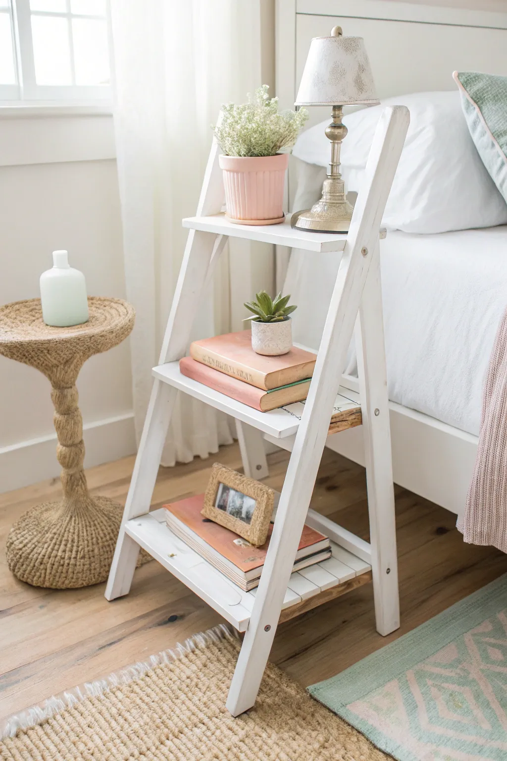 Transform simplicity into elegance with this charming DIY ladder nightstand. Perfect for adding a touch of Scandinavian and Boho flair to your space.