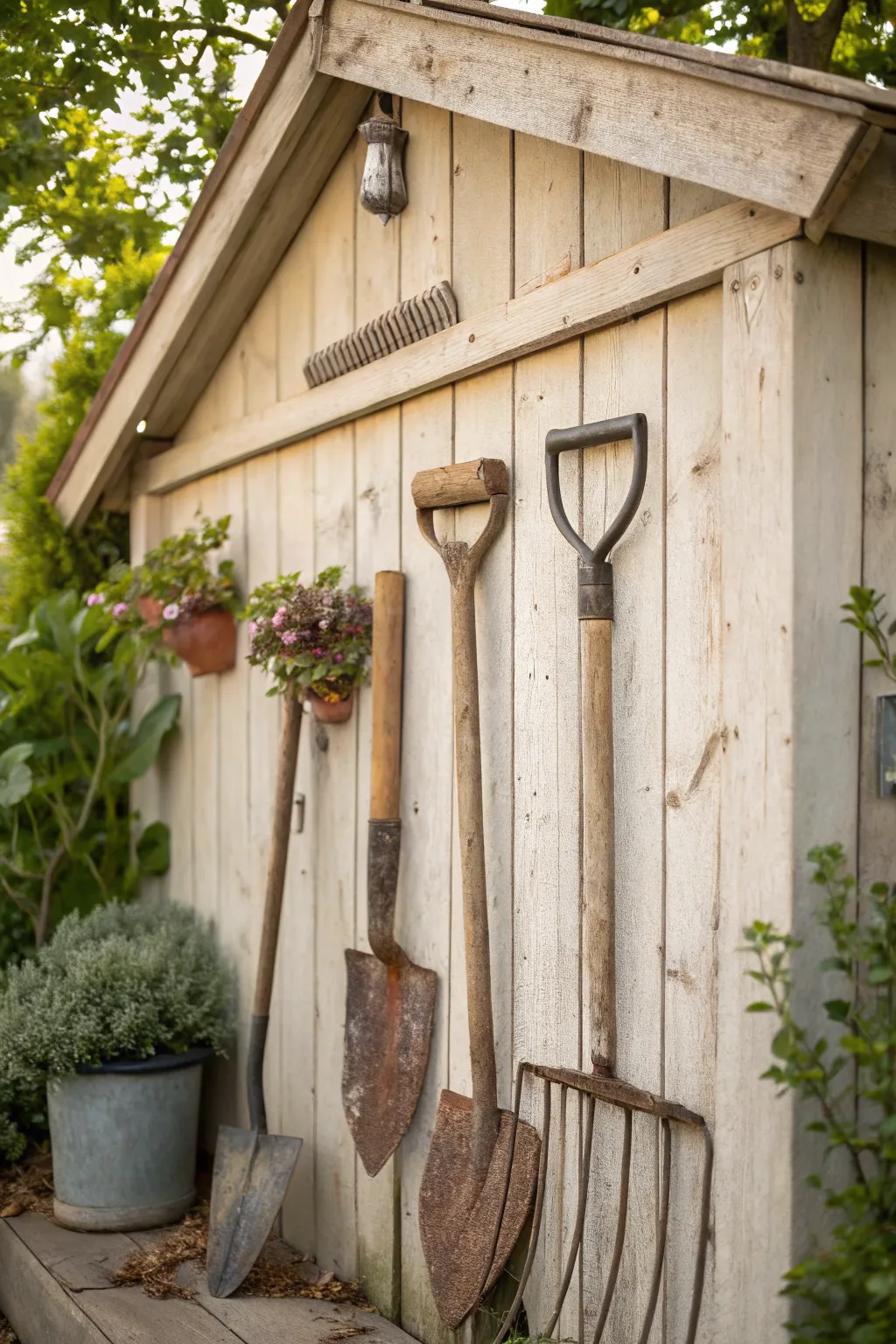 Transform old garden tools into a charming vintage display for your backyard.
