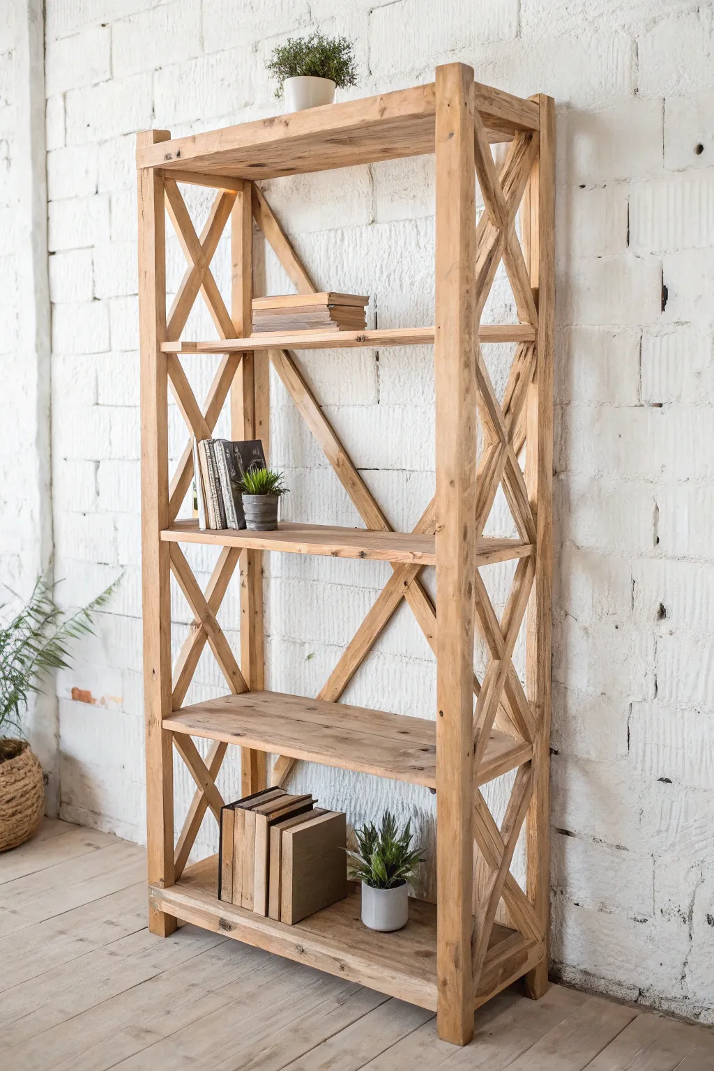 Embrace rustic elegance with a criss-cross bookshelf that adds a modern twist to your space.