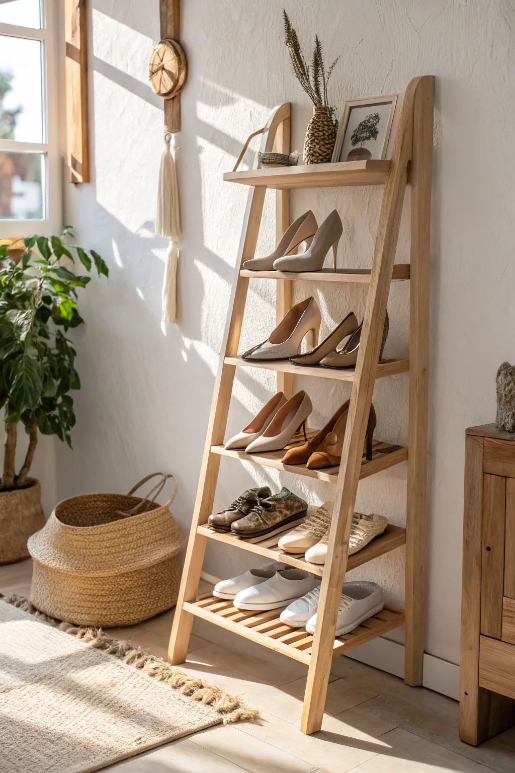 Elevate your shoe game with vertical storage—style meets simplicity in this chic closet solution.