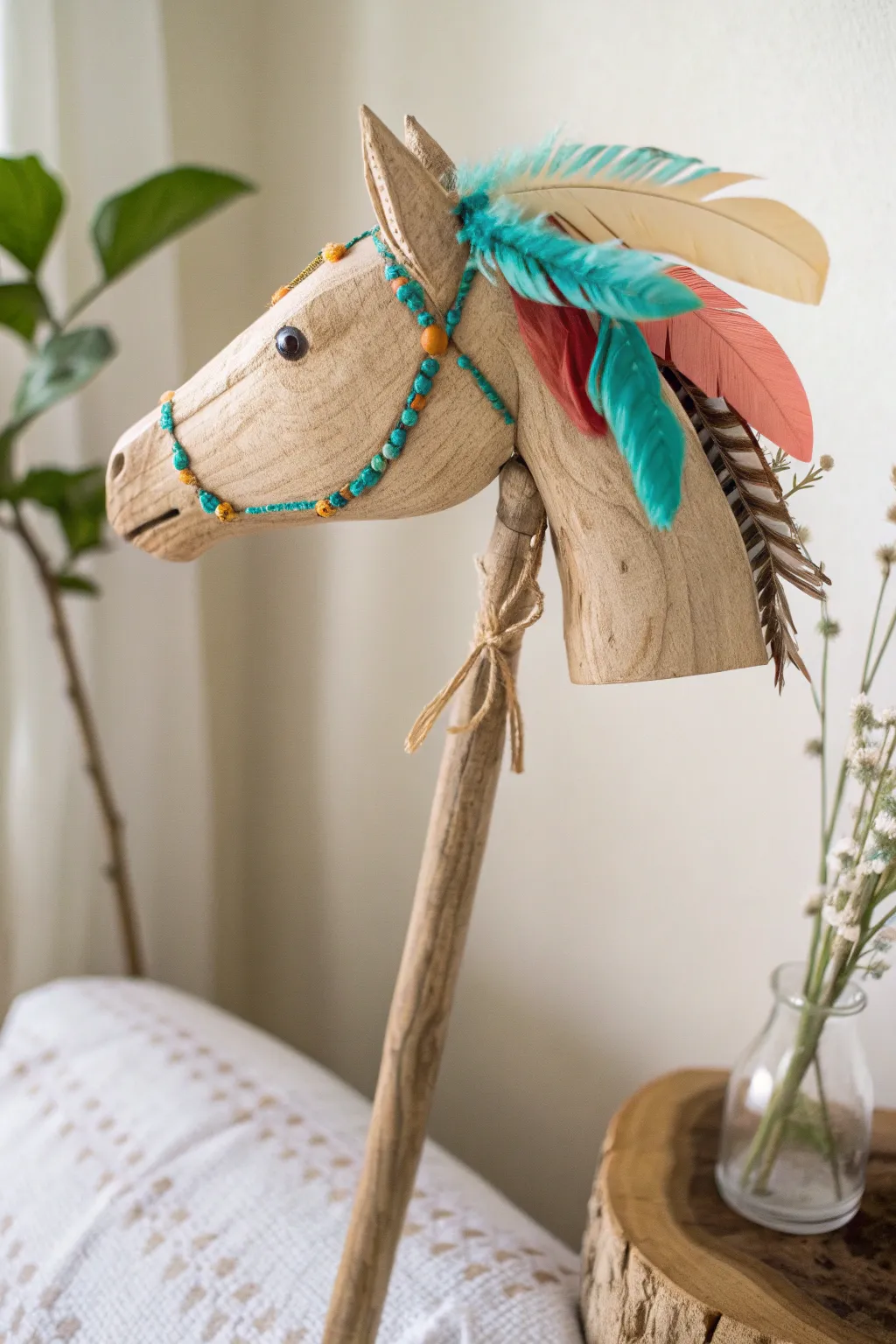 Add a touch of whimsy to your DIY stick horse with colorful feathered ears!