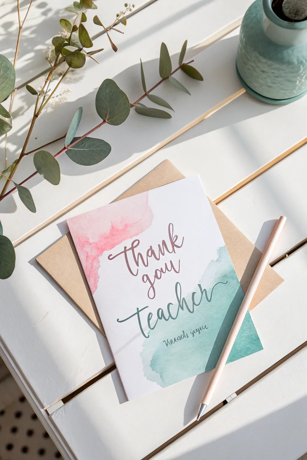Embrace simplicity and creativity with this charming watercolor wash card—perfect for expressing heartfelt gratitude to your favorite teacher.