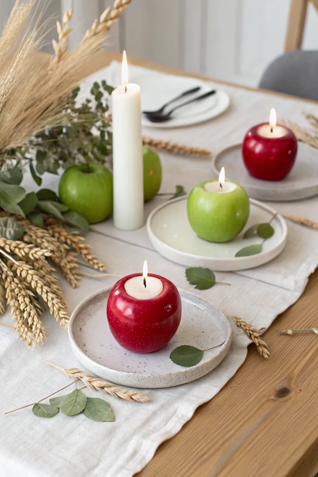 Elevate your Thanksgiving table with enchanting apple candle holders, blending simplicity and natural elegance.