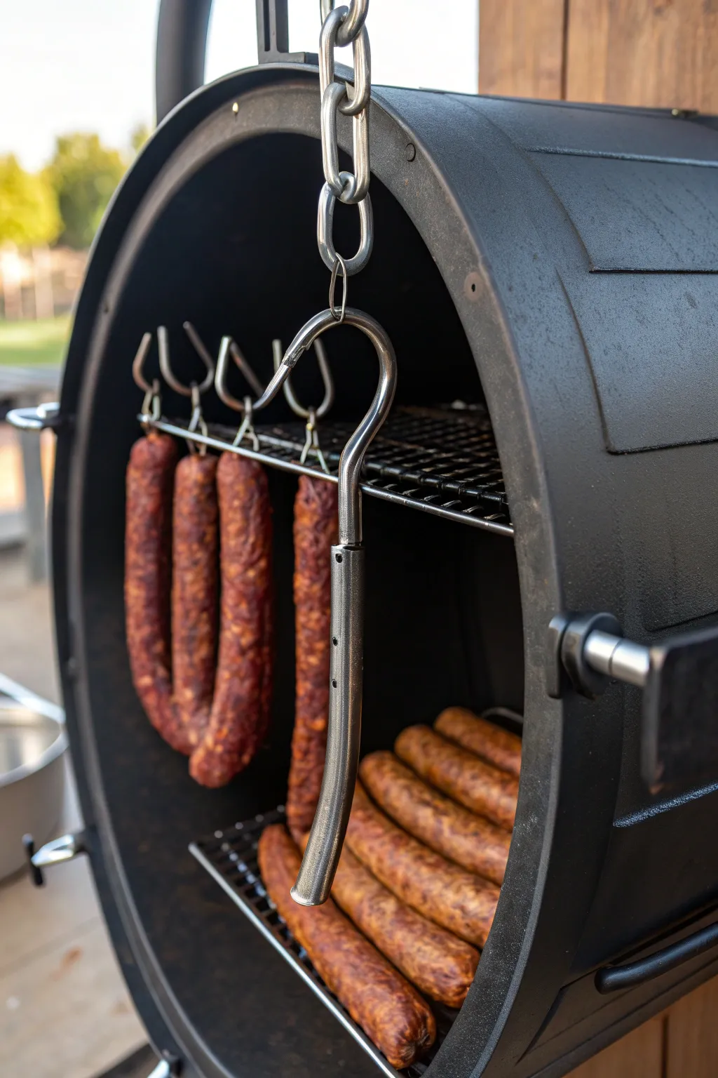 Elevate your BBQ game with a handcrafted hanging hook system for the ultimate smoked flavor.