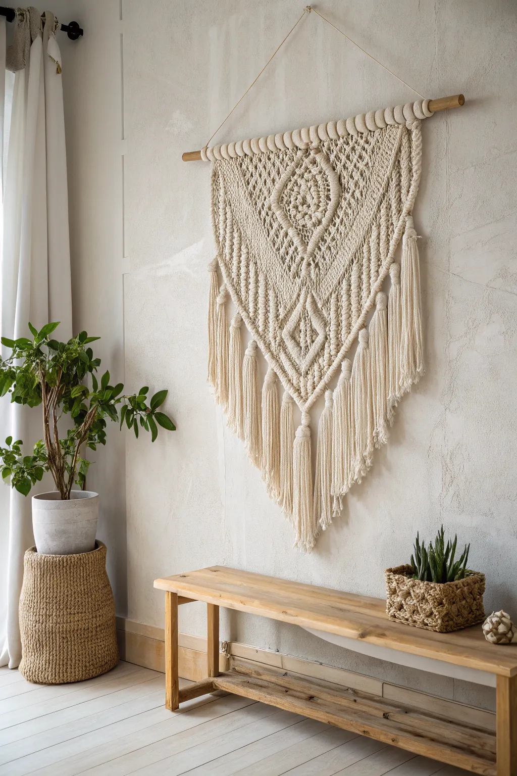Elevate your space with handcrafted macramé wall art that exudes minimalist elegance and bohemian charm.