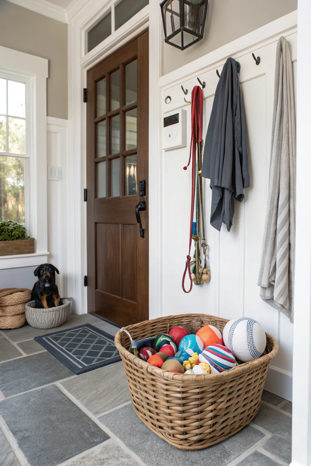 A welcoming entryway with a dedicated basket for dog essentials, combining function and style.