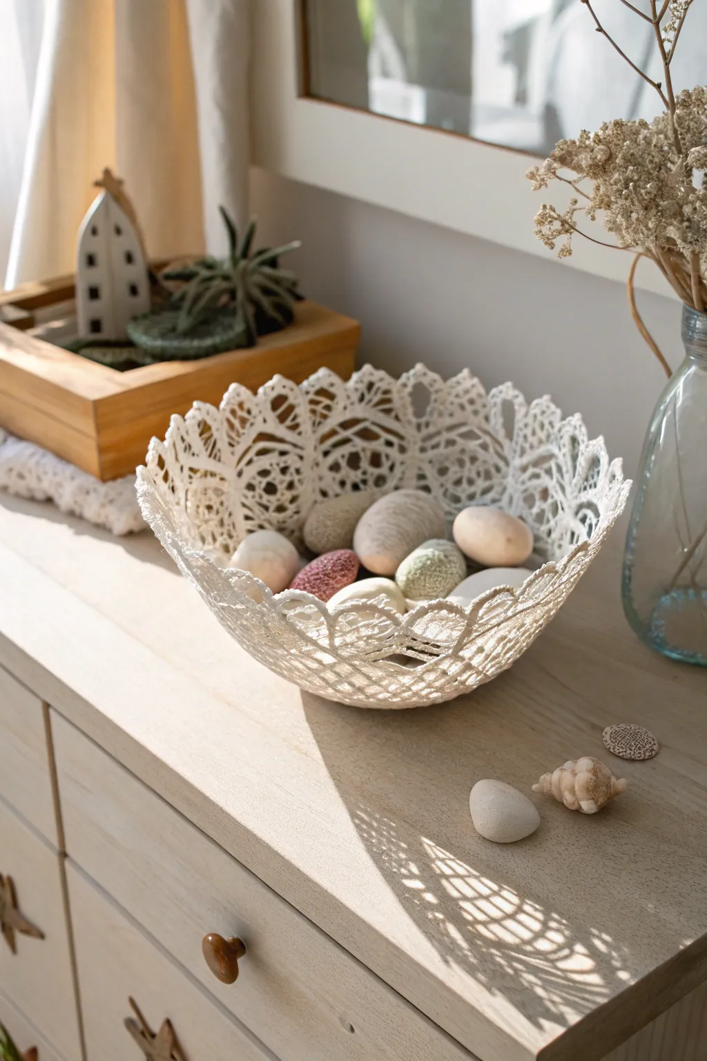 Transform a simple doily into a stunning centerpiece with this elegant craft idea.