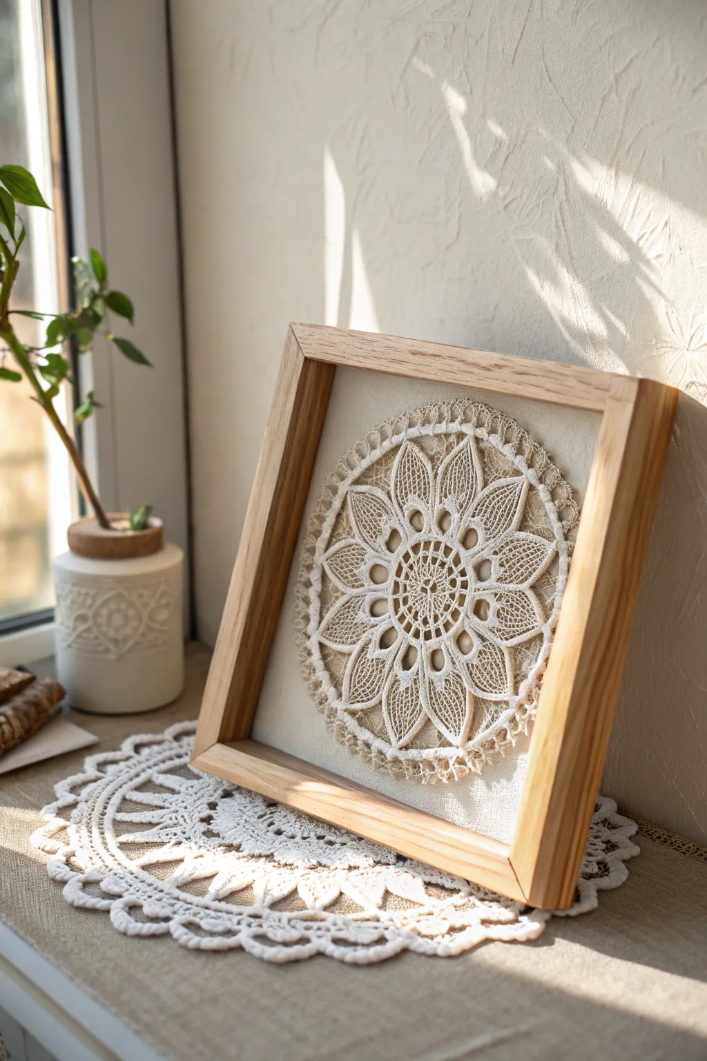 Elevate your decor with a touch of timeless elegance—doily in a shadow box.