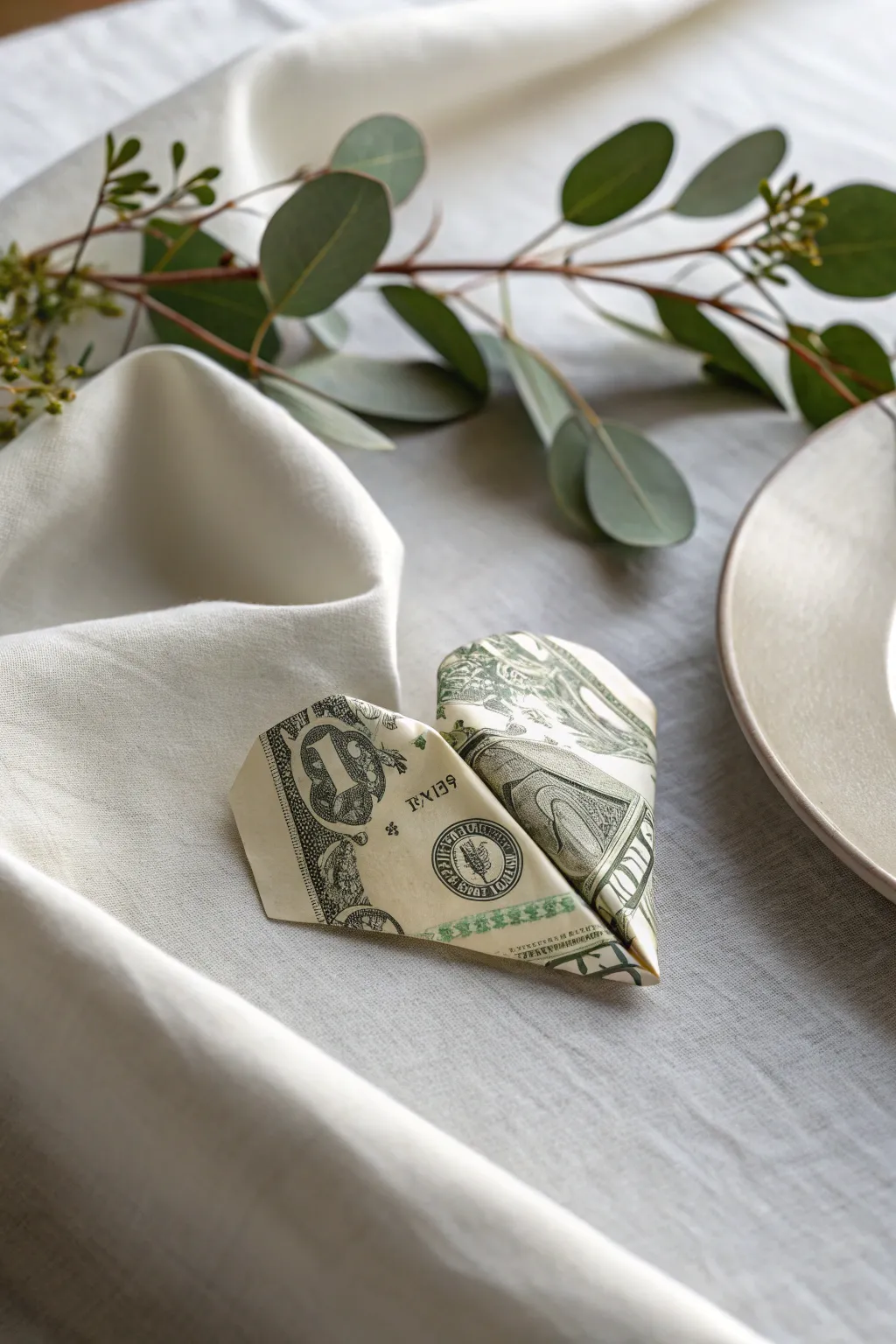 Crafted with love: A minimalist dollar bill heart, perfect for expressing gratitude and affection.