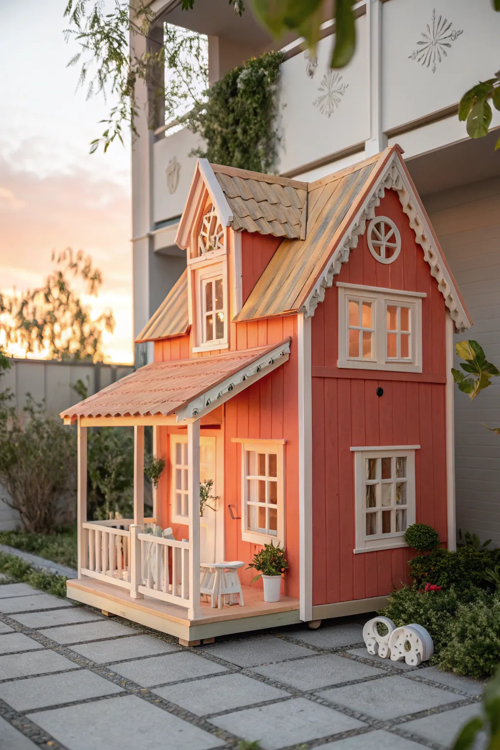 Embrace the warmth of sunset hues with this charming dollhouse exterior. #CraftedBeauty #SunsetShades