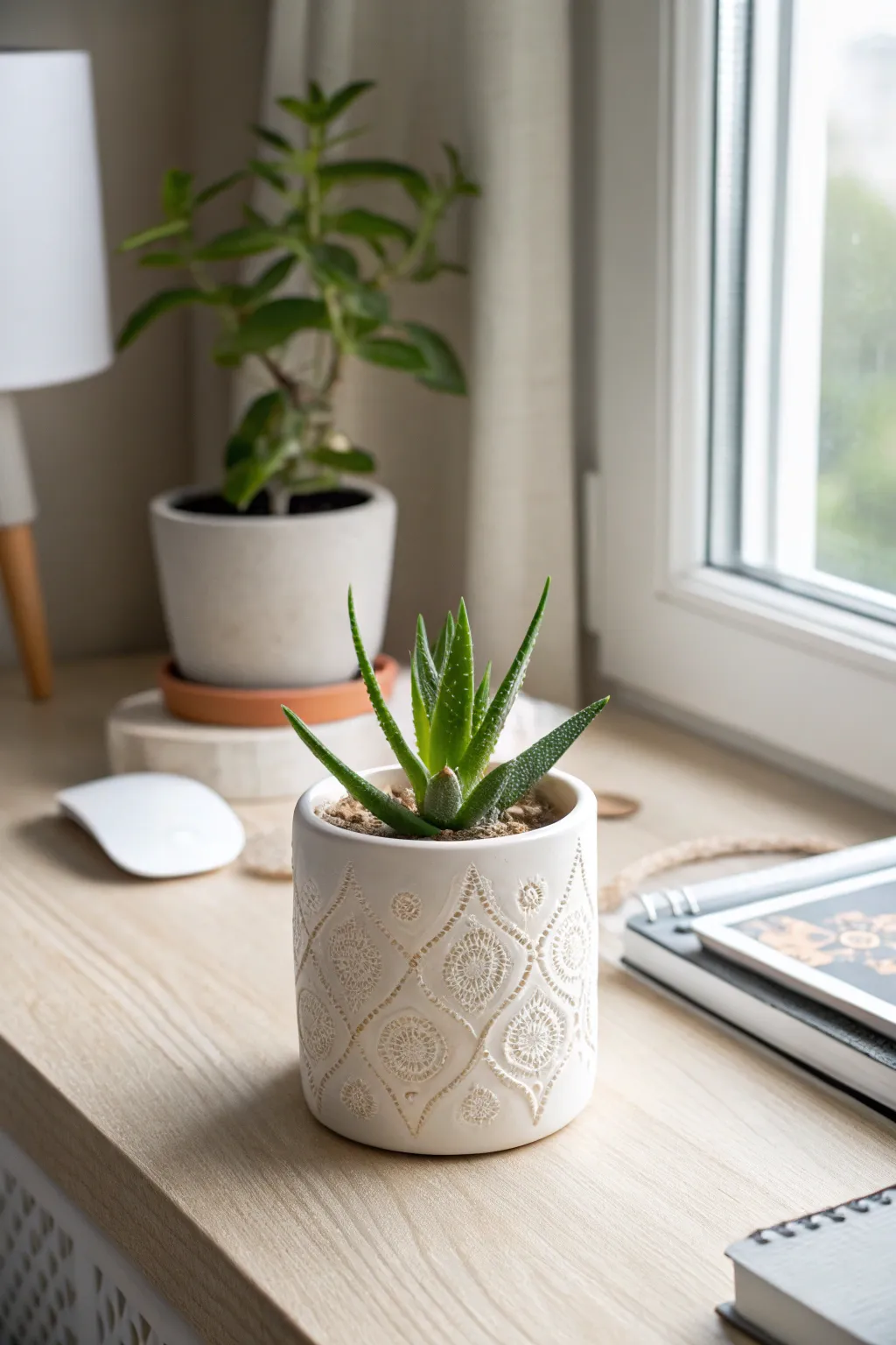 Bring tranquility to your workspace with a charming mini plant, blending Scandinavian minimalism with a touch of boho elegance.