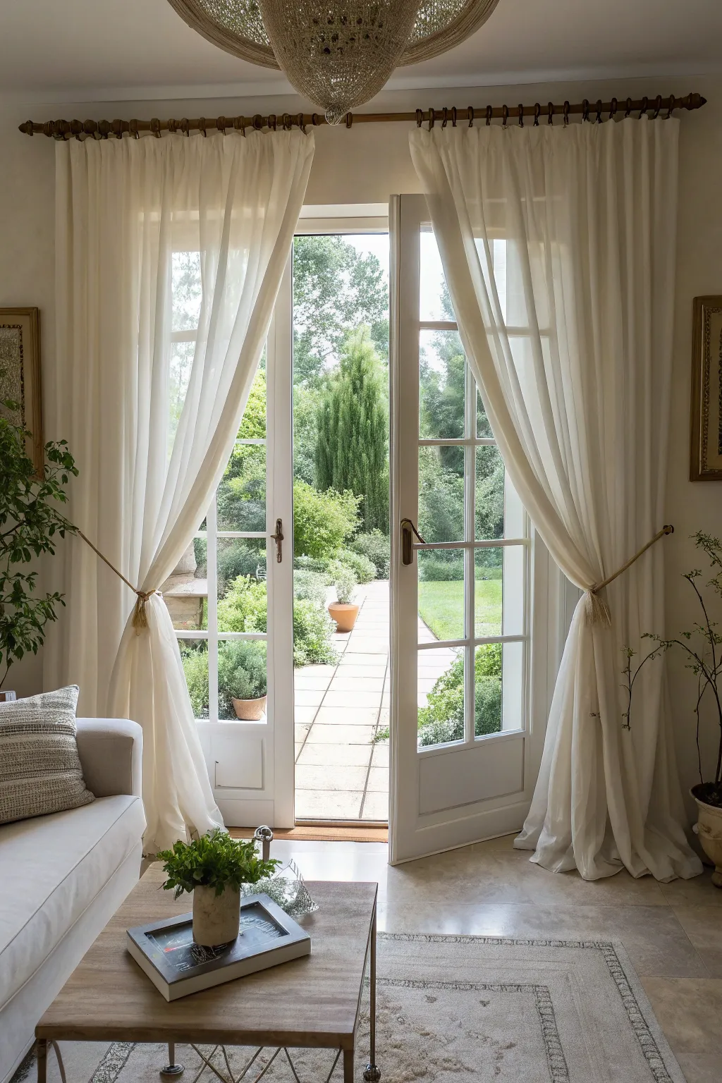 Chic curtains enhance the elegance of French doors.