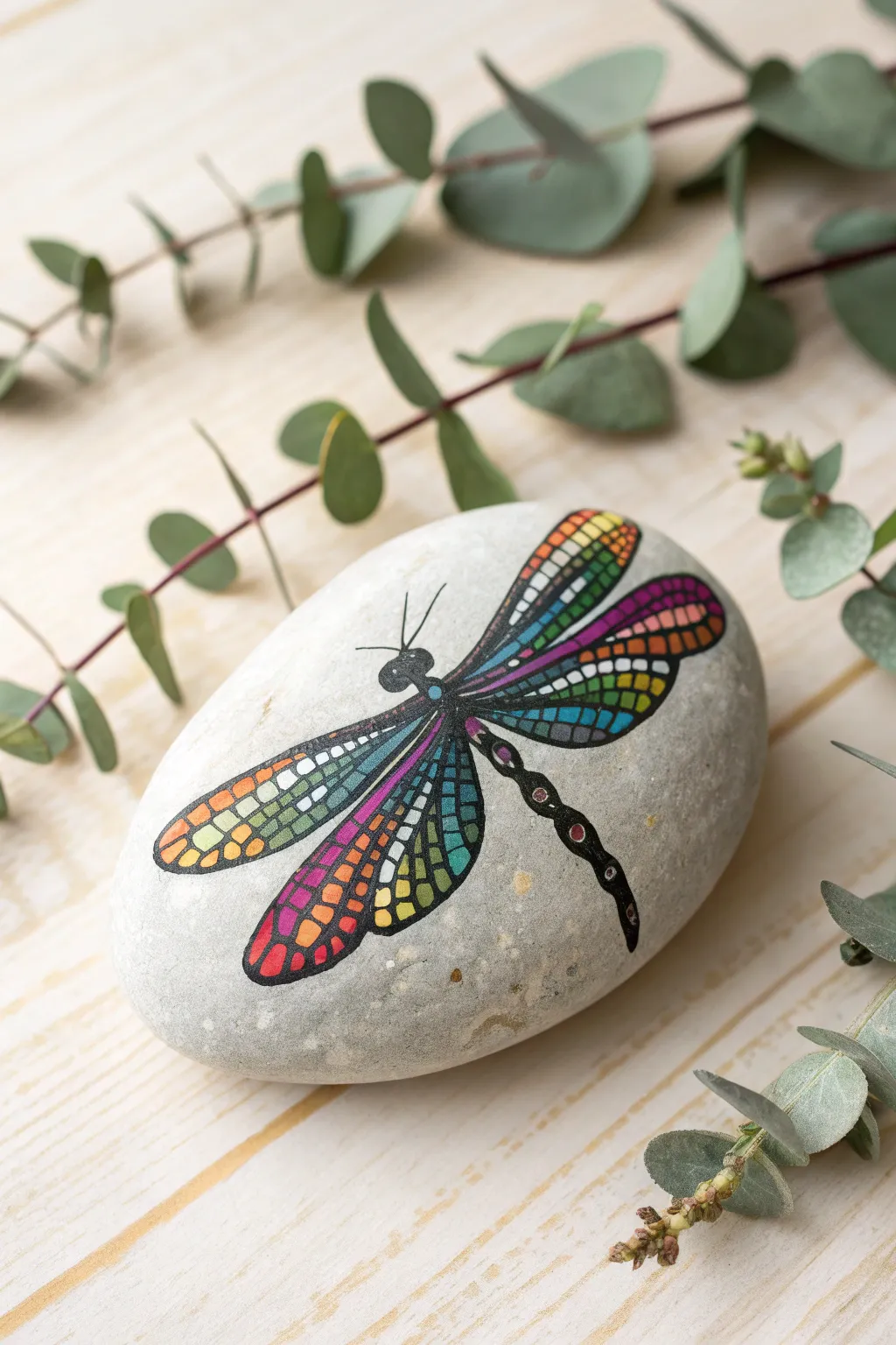 Infuse your space with vibrant simplicity: A rainbow dragonfly painted rock.