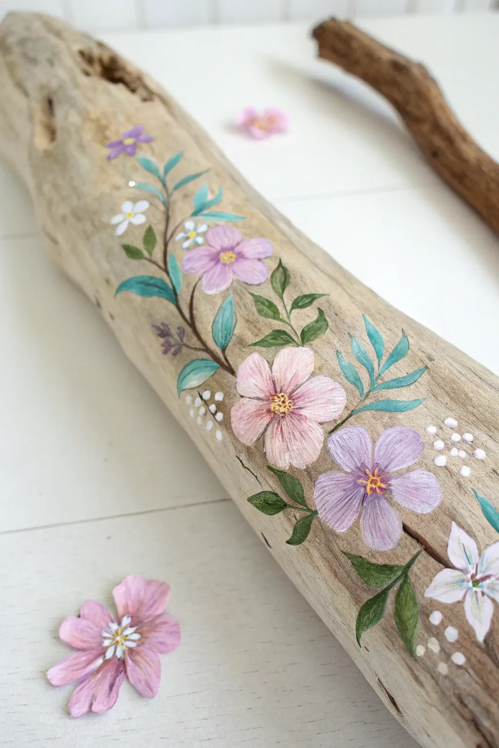 Transform nature's canvas with soft floral whispers—driftwood blooms that brighten any space.