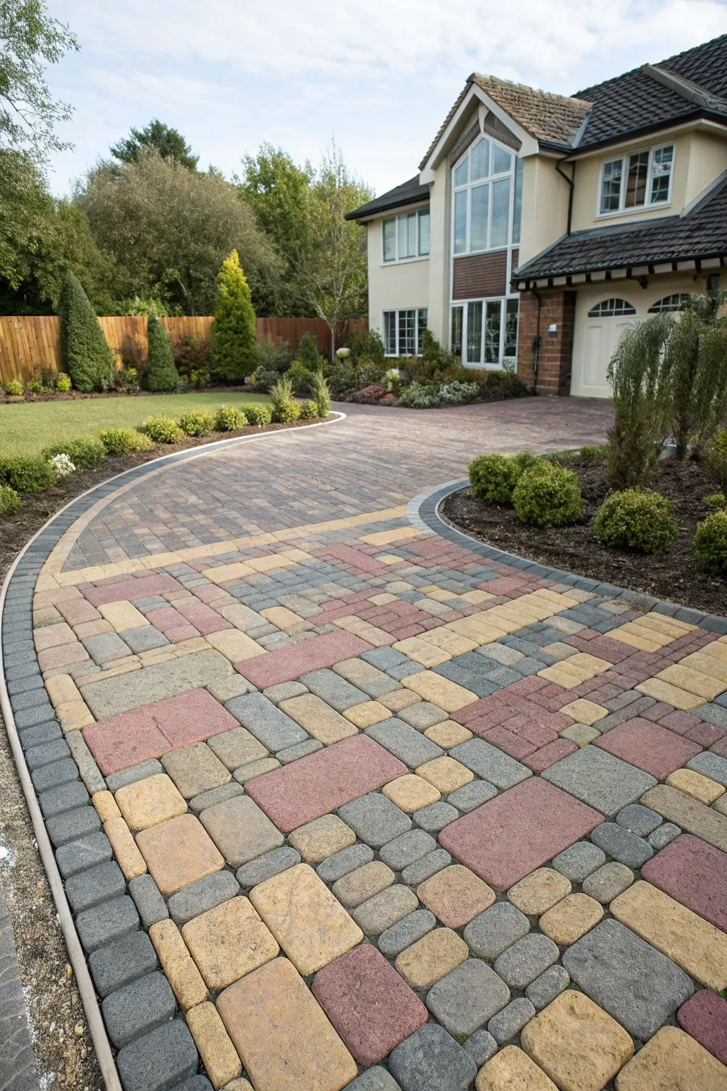A driveway with diverse block paving styles.
