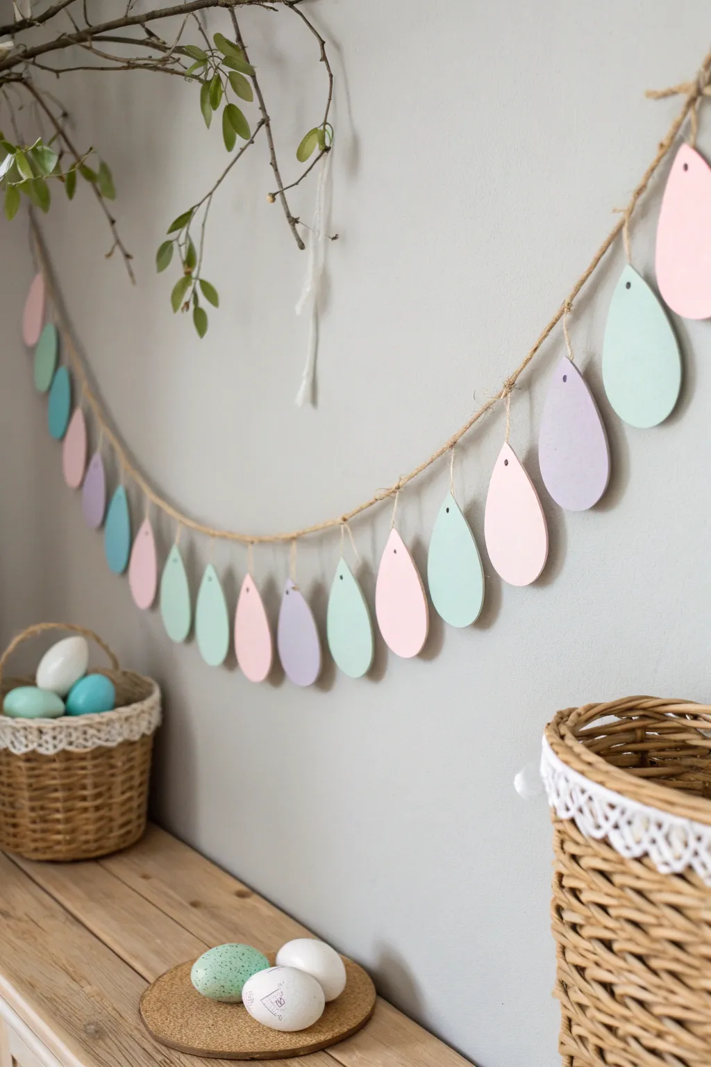 Eco-friendly Easter elegance: Transform old paint chips into a charming pastel banner for a touch of festive Scandinavian minimalism.