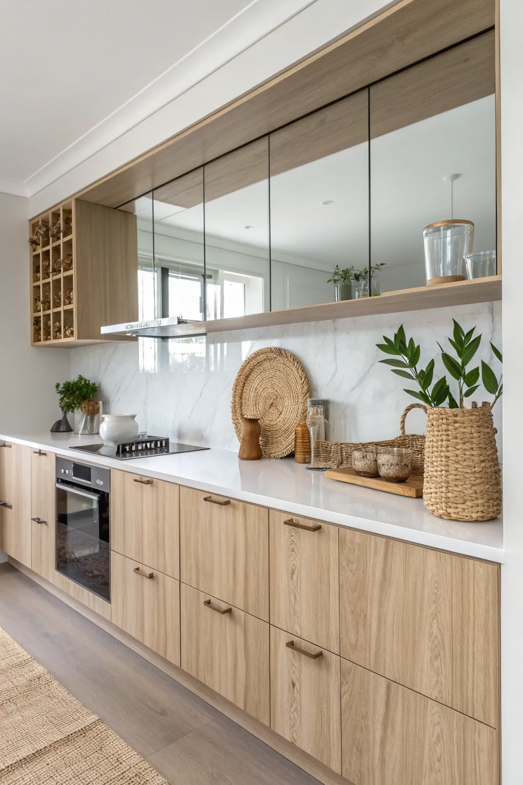 Transform your kitchen with a mirrored backsplash for elegance and a sense of space.