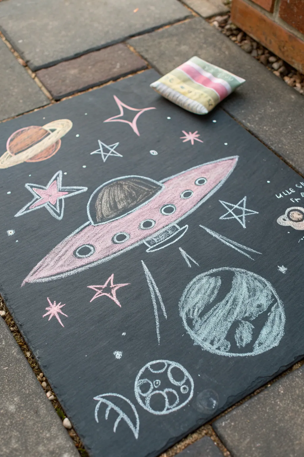 Blast off into creativity with this charming retro spaceship chalk drawing!