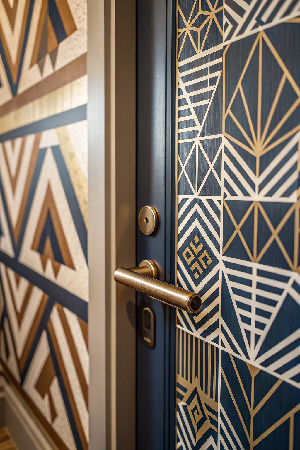 Transform your space with bold geometric wallpaper designs that turn ordinary doors into extraordinary pieces of art.