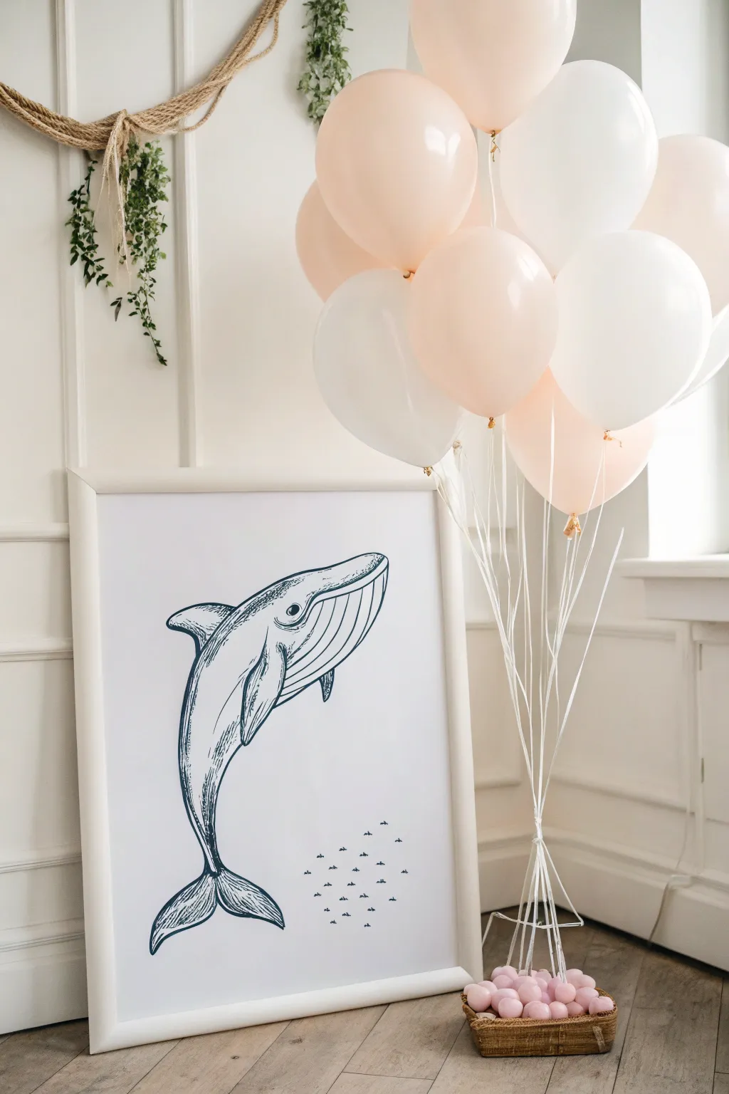 Whimsical Elegance: A Playful Whale Soars with Balloons