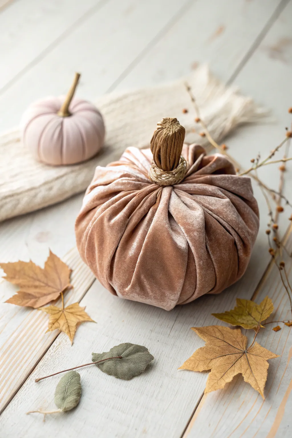 Embrace autumn's charm with a cozy fabric pumpkin, hand-crafted for a touch of natural beauty.