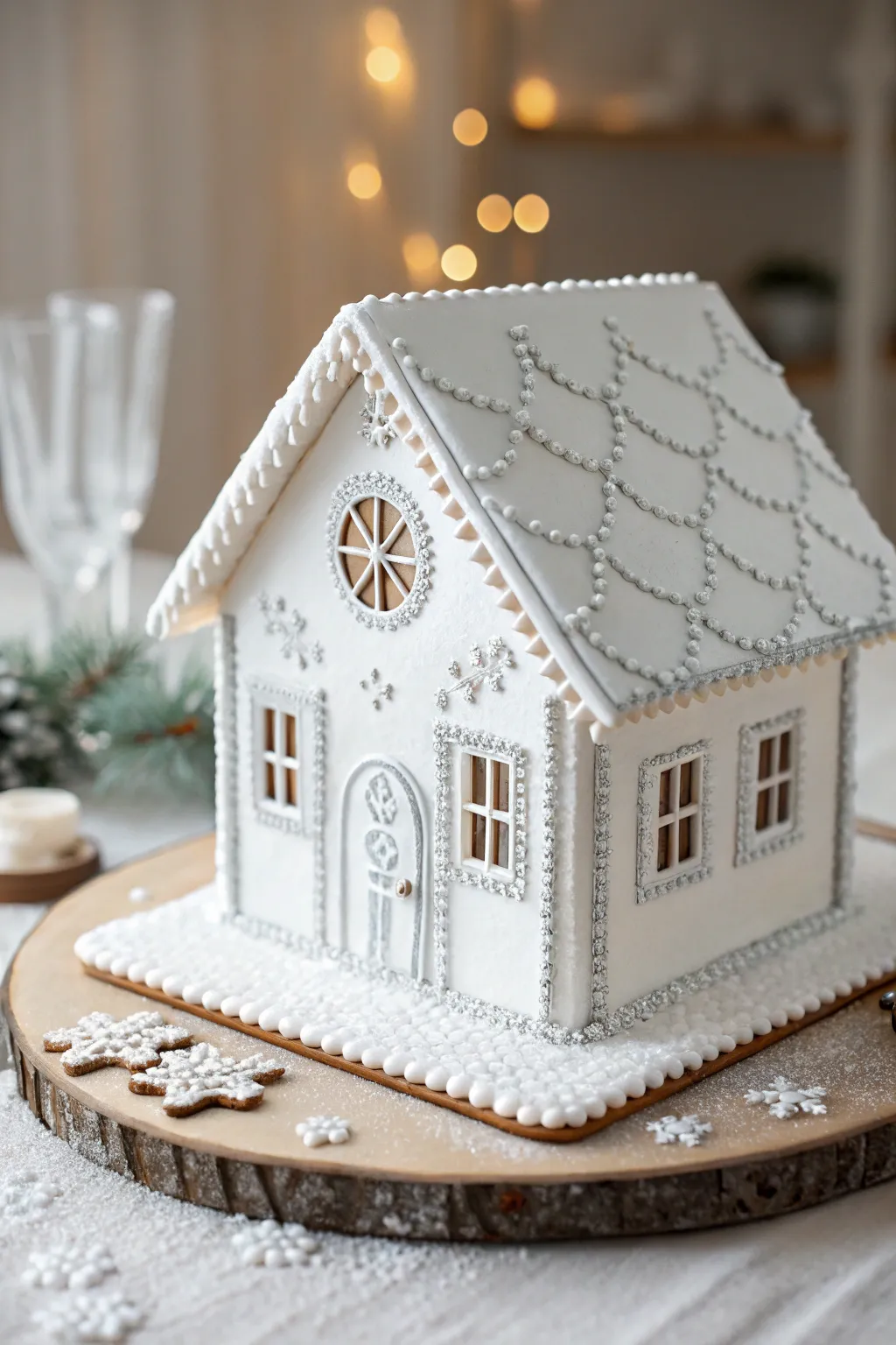 Embrace elegance with this monochrome gingerbread chalet, where simplicity meets sophistication.